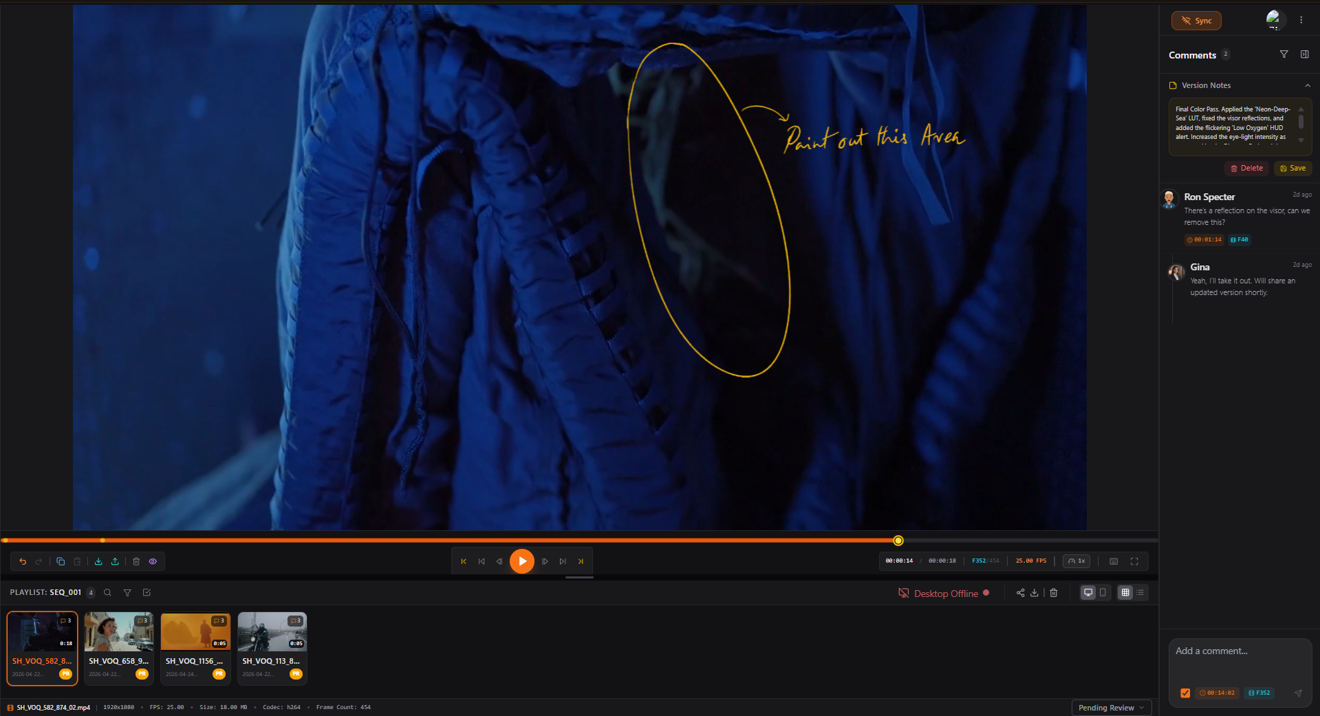 ReviewRoom video review interface showing frame-accurate comment panel for client feedback